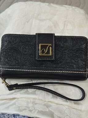 Stone Mountain Black Embossed Leather Wristlet with Gold Logo Accent
